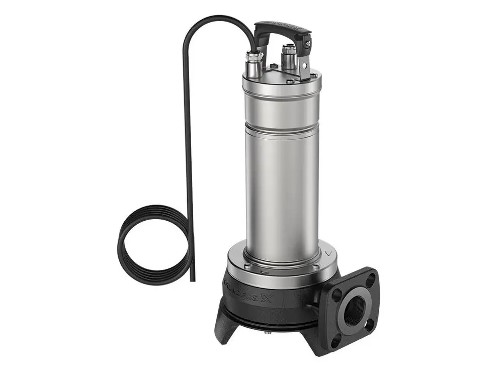 Tauchmotorpumpe von Grundfos mit einem zylindrischen Gehäuse, einem Schlauchanschluss und einem integrierten Griff für den einfachen Transport.